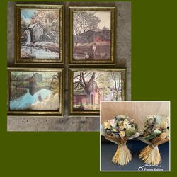 4 VTG Farmhouse Pictures & 2 Dried Floral Arrangements Lot