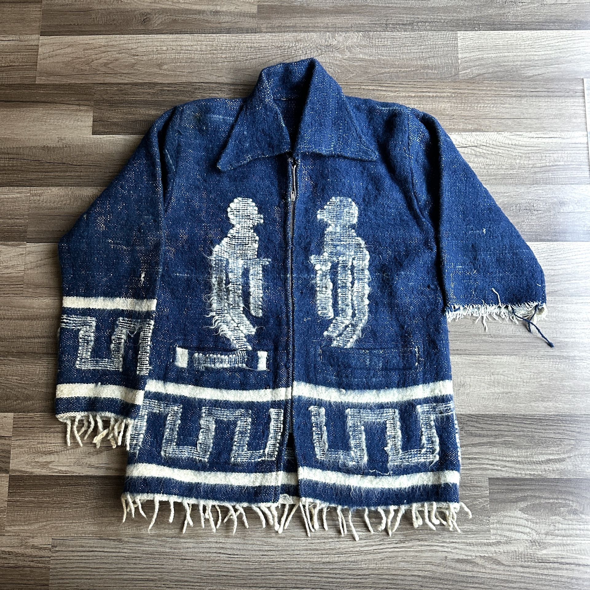 Vintage 50s Mens Medium Wool Knit Fringed Southwestern Birds Full Zip Jacket