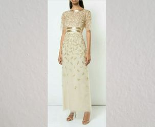 $11,780.00 NEW R18 STUNNING OSCAR DE LA RENTA CHAMPAGNE GOLD LEAF BEAD GOWN US 6