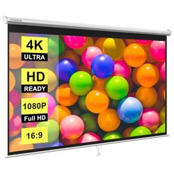 80 Inch Manual Pull Down Projector Screen, 16:9 HD Retractable Widescreen Matte for Movie Home Theater Cinema Office Video Game, Steel & PVC, White