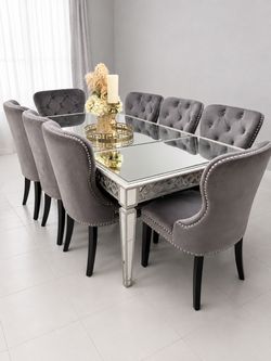 Elegant Mirrored Dining Table with 8 Gray Velvet Chairs