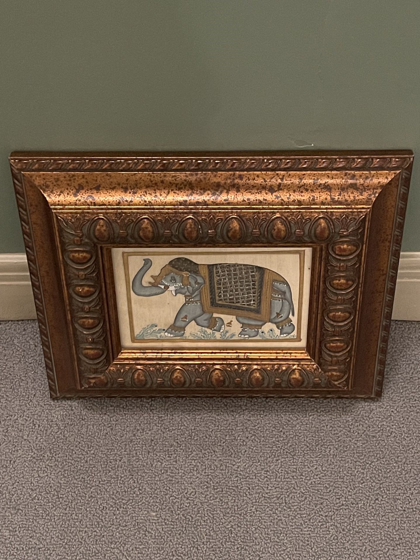 Iconic ELEPHANT etched w/Gold Leaf on Fine Silk & Framed in ORNATE WOOD (2 available) - firm price EACH