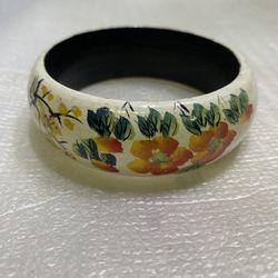 Vintage Floral Painted Wood Cuff Bracelet for Medium Fist and Wrist Unmarked 