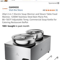 20qt 2-in-1 Electric Soup Warmer and Steam Table Food Warmer, 1200W Stainless Steel Bain Marie Pot, 86~185°F Adjustable Temp, Commercial Soup Kettle f