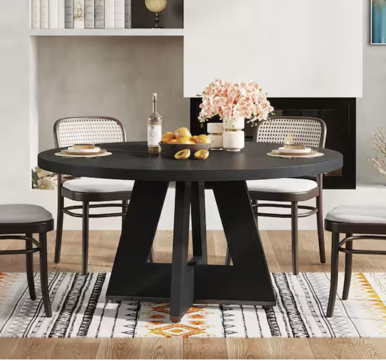 Roessler Farmhouse Black Wood 47 in. W Pedestal Round Dining Table without Chairs, Kitchen Dining Table Seats 4