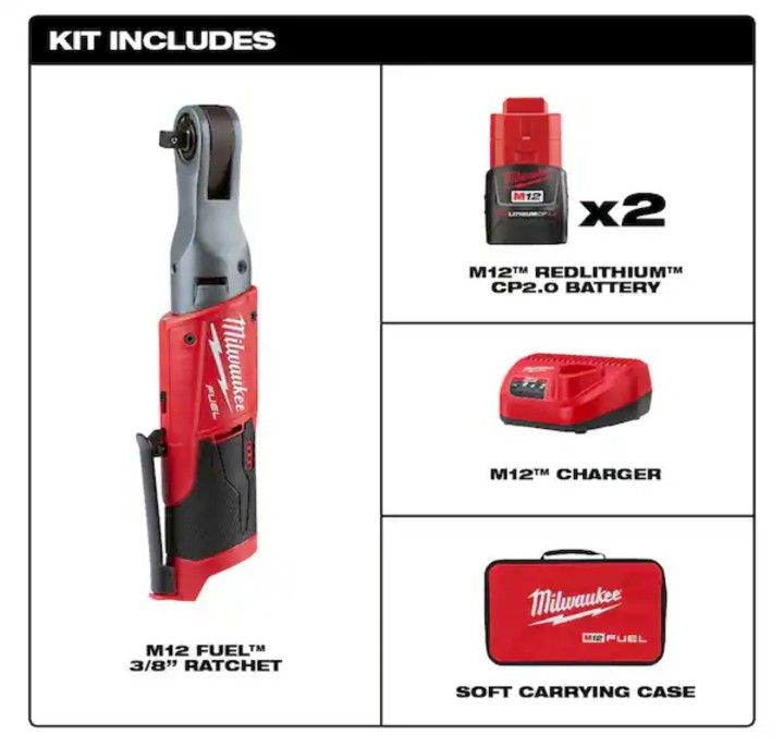 Milwaukee M12 FUEL 12V 3/8 in. Ratchet Kit with (2) 2.0Ah Batteries, Charger, & Case