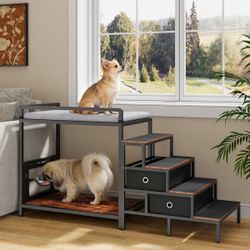 Pet Bunk Bed With 360° & Adjustable Raised Feeder, Dog/cat Window Perch With Stairs And Storage, Elevated Platform Bed For Dogs
