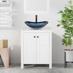 1621e  24 Inch White Bathroom Vanity with Marble Texture Top, Traditional Standing Pedestal Cabinet with Blue Boat Glass Sink