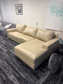 Pottery Barn Genuine Tan Leather Chaise Sofa – Premium Condition