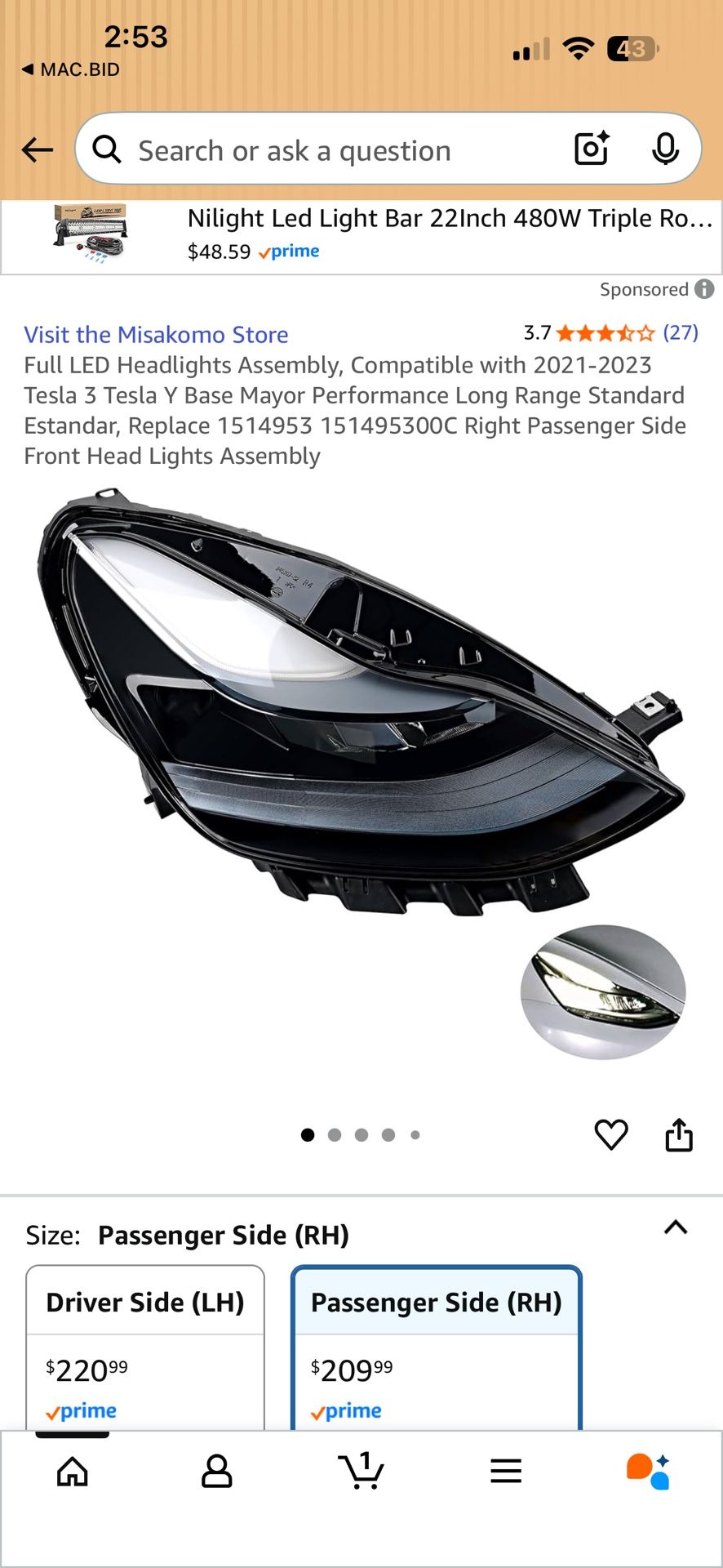 2021-2023 Tesla Model Y Headlights