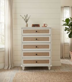 Beautiful White Burlap Rattan 5 Drawer Dresser Chest