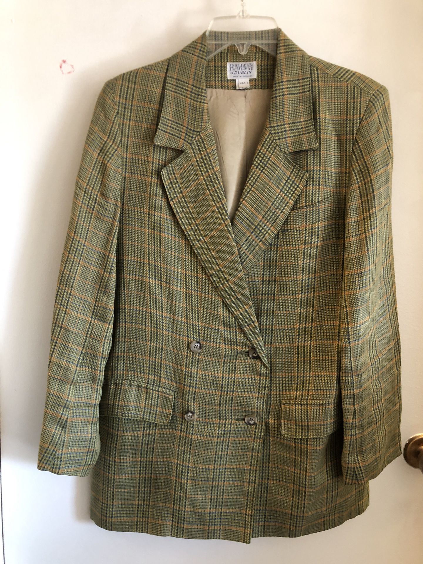 Vintage Women’s Green Plaid Double-breasted Full Lining Long Sleeve Linen Blazer Size 6 by Ramsey of Dublin