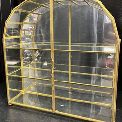 Vintage Table Brass, Mirror, Glass Display Case. Franklin Mint Curio Cabinet Cat Collection cards