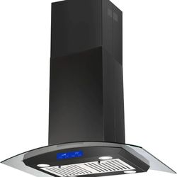 30 Inch Island Range Hood Black 700CFM Stainless Steel Convertible, Ceiling Mount Vent Hood with Tempered Glass, Kitchen Exhaust Fan, LED lights, New