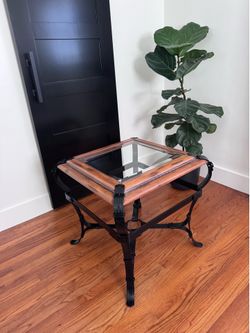 Rustic Industrial Glass Top End Table / Side Table – Wood + Metal – 24x24