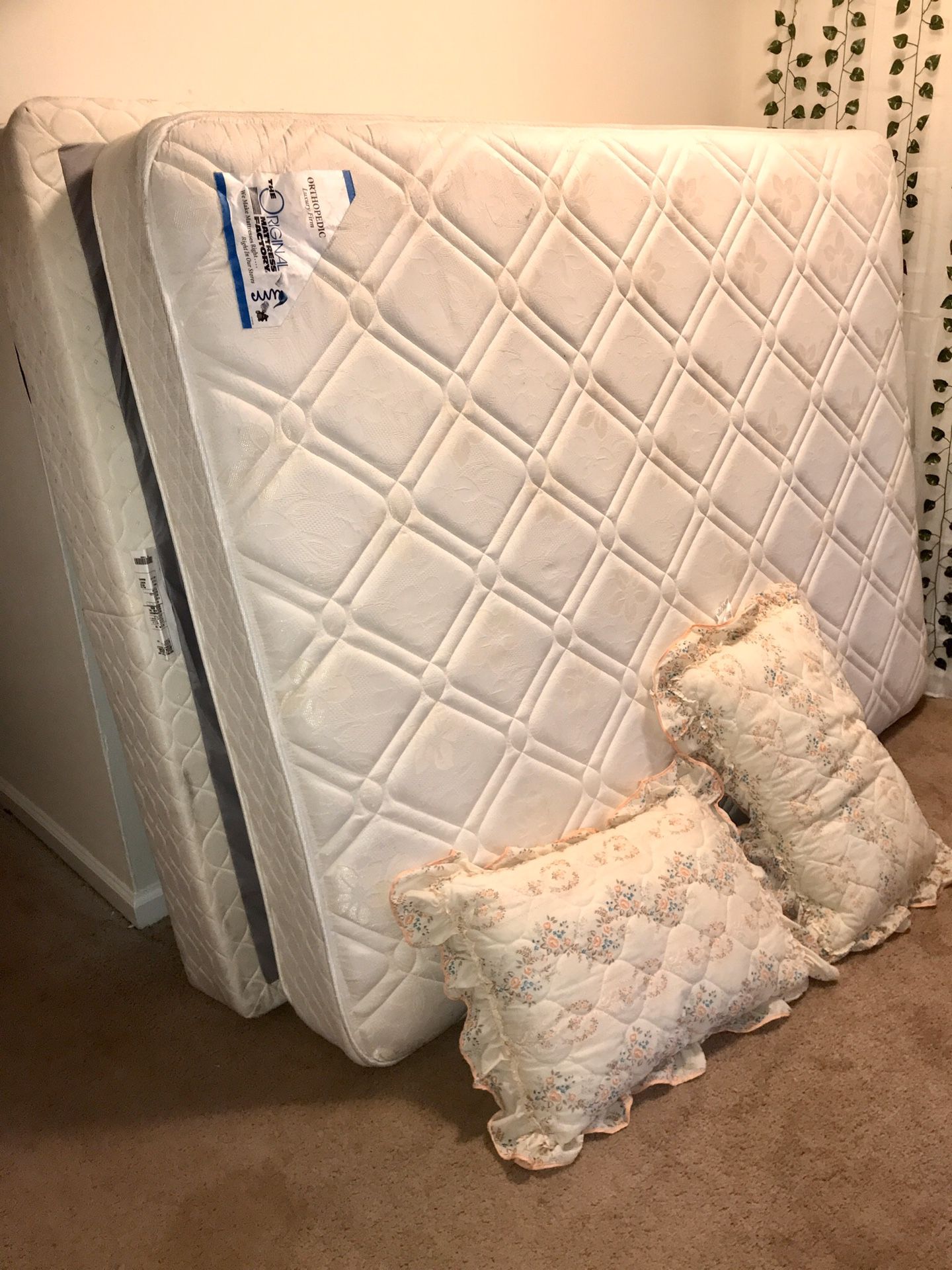 King Size Mattress + Boxspring + 2 Pillows (Great Condition) No issues First come first serve. No Smoking ,No Stains, No Bugs, No Pets, No Bad Odor.