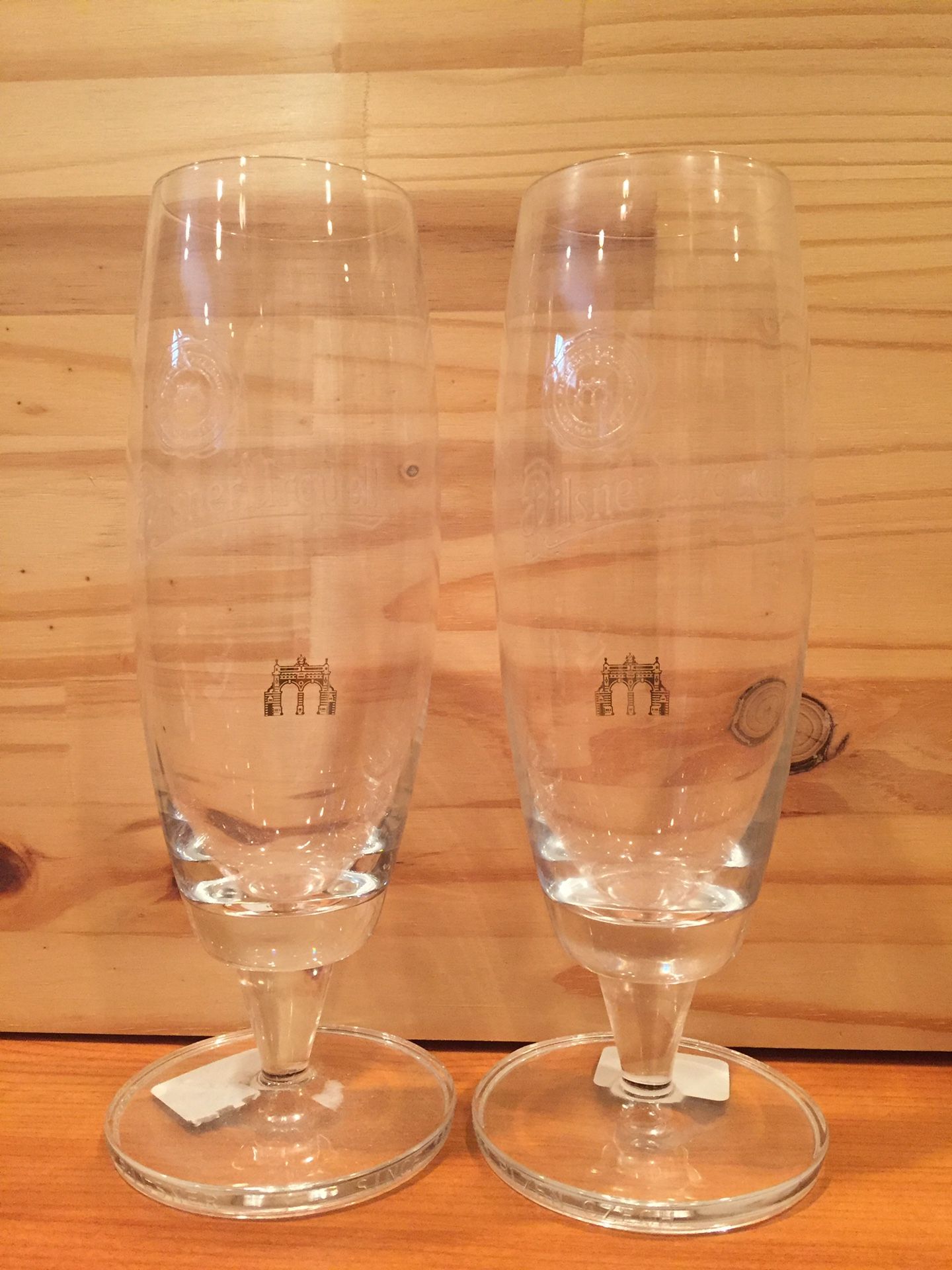 Set of 2 9” tall Pilsner Urquell Rastal crystal beer glasses
