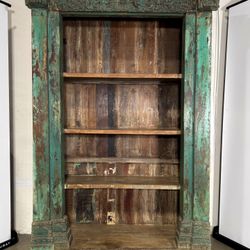 Authentic Vintage Indonesian Carved Bookshelf—Distressed Green Patina Ornate Architectural Frame