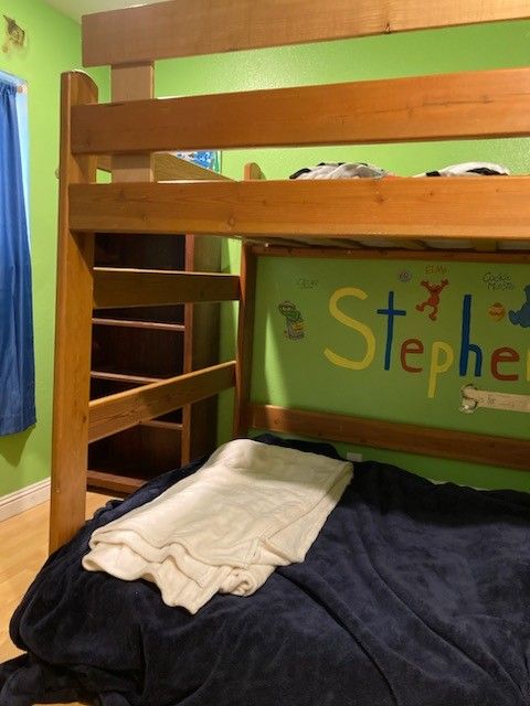 Queen Size Bottom, Full Size Top Bunk Beds $100