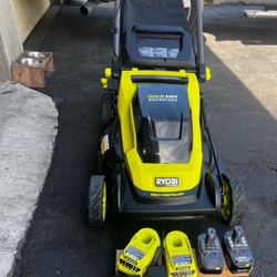 RYOBI LAWN MOWER  ONE+ HP Brushless 20 in. Cordless Battery Walk Behind Self-Propelled Lawn Mower w/ (2)  Batteries and Chargers