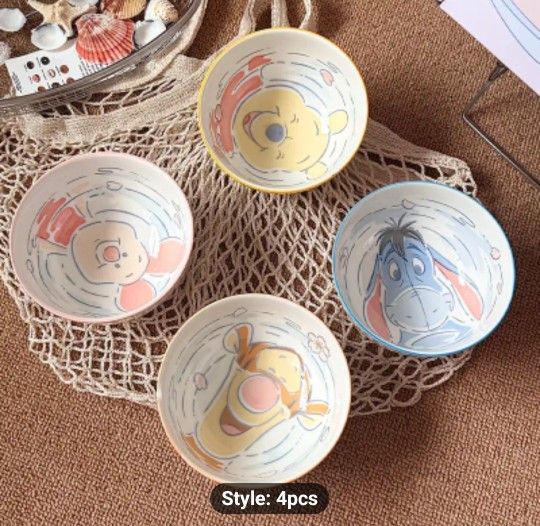 4pcs Disney Winnie the Pooh & Friends Ceramic Bowl Set Tigger Eeyore Piglet & Pooh Collectible Plates Microwave & Dishwasher Safe ' Dinnerware