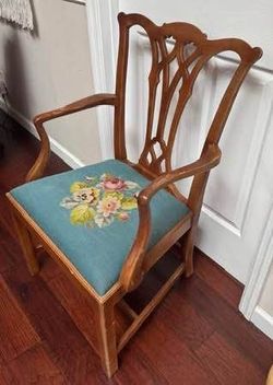 Vintage Chippendale Style Accent Armchair Chair Needlepoint Cushion 22.5”x18” 36.5” tall just $25