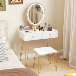 Makeup Vanity Table with Lighted Mirror, Vanity Desk with 2 Large Drawers