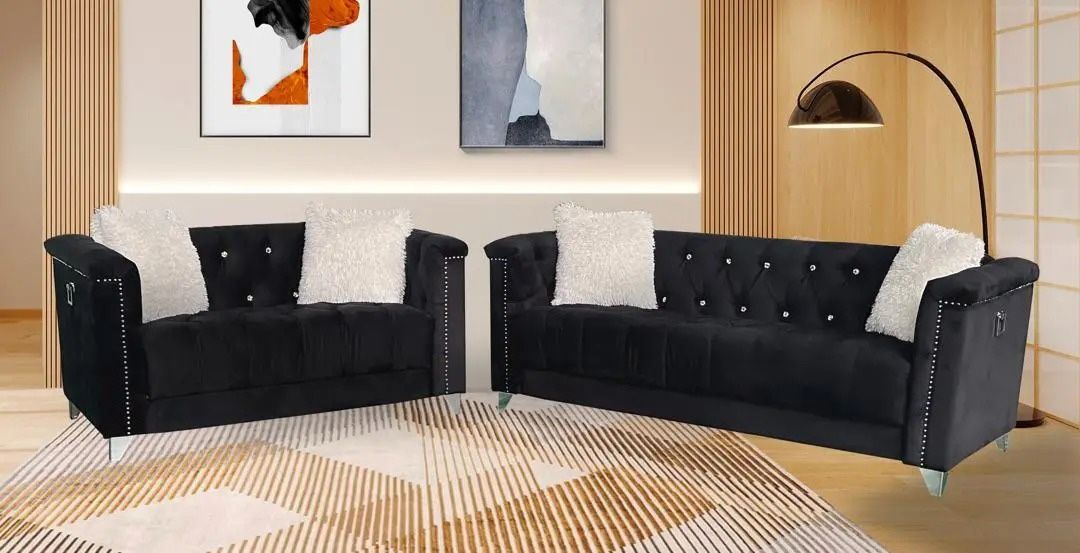 New Sofa And Loveseat Velvet Black 2 PCs