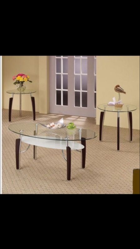 3pc Modern Oval Metal and Glass Coffee & End Table Set