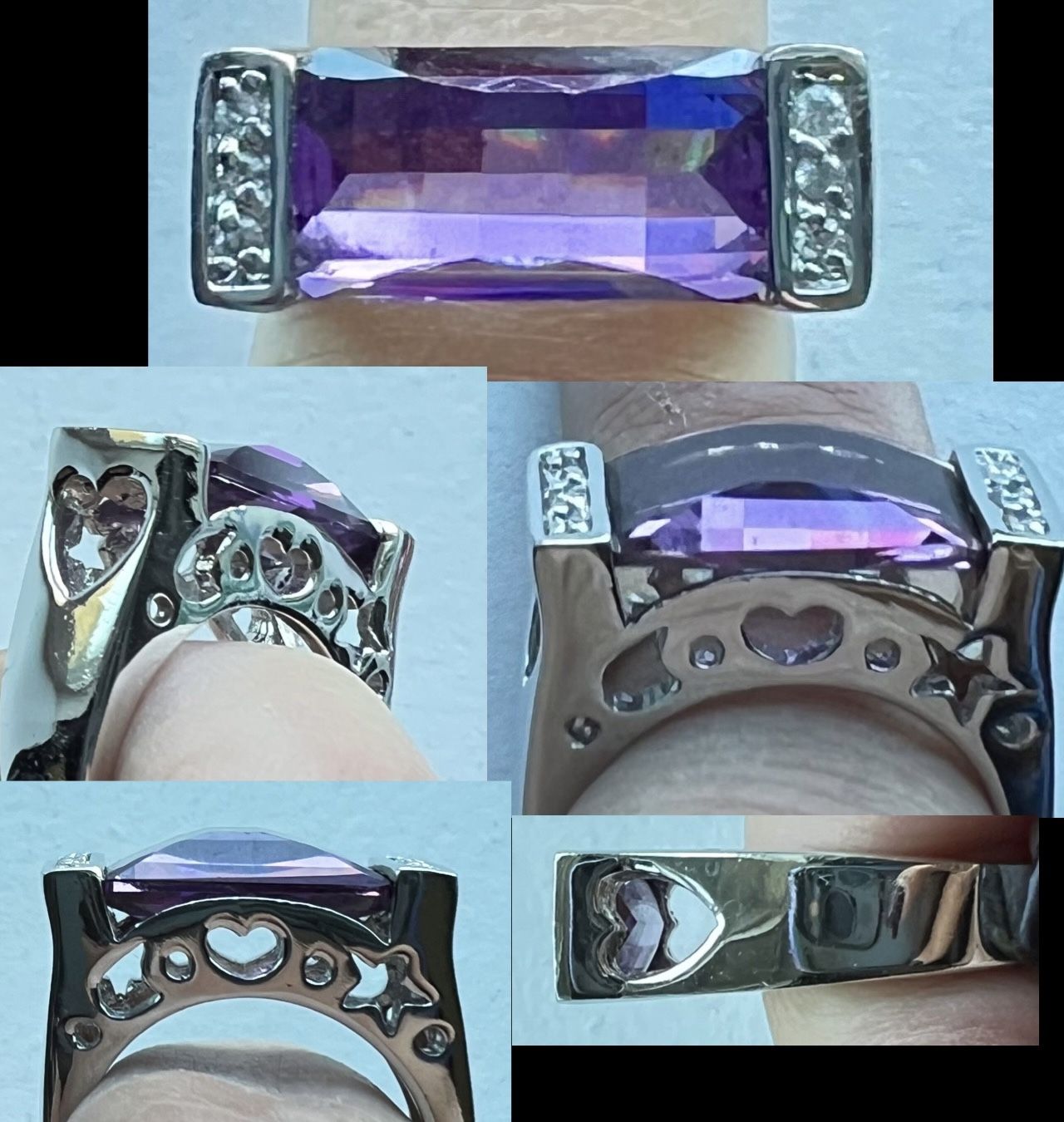 Amethyst emerald cut unique new ring. If you love amethyst hearts stars and moons this is perfect to add to your jewelry collection. It’s platinum p