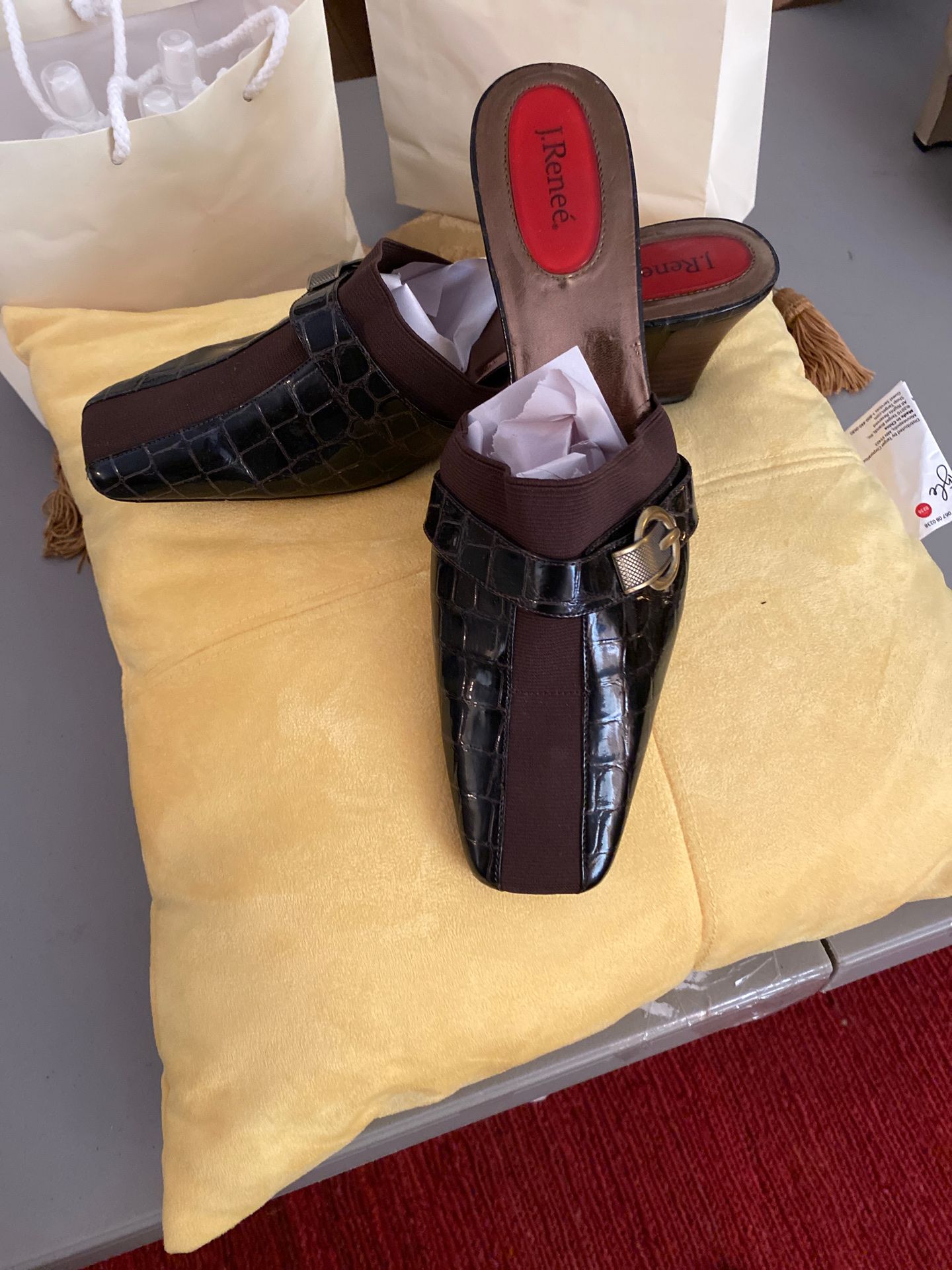 Brown Patent Croc Mules, 13M, $40