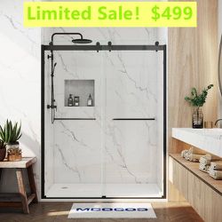 60 in. W x 76 in. H Double Sliding Semi-Frameless Shower Door in Matte Black with Smooth Sliding and 3/8 in. Glass Clearance Sale