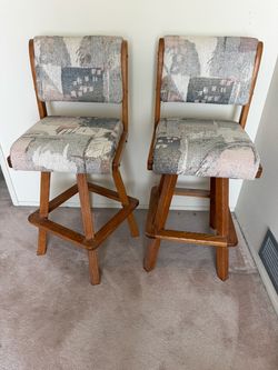 Pair of Oak Bar Stools with Upholstered Seats