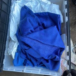 Box Of Plastic Linen, And Blue Tablecloth