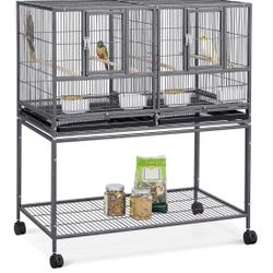 41.5" Stackable Divided Breeder Breeding Parakeet Bird Cage for Canaries Cockatiels Lovebirds Finches Budgies Small Parrots with Rolling Stand, Black