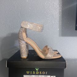 Tan Bling Rhinestone Heels Chunky Heel