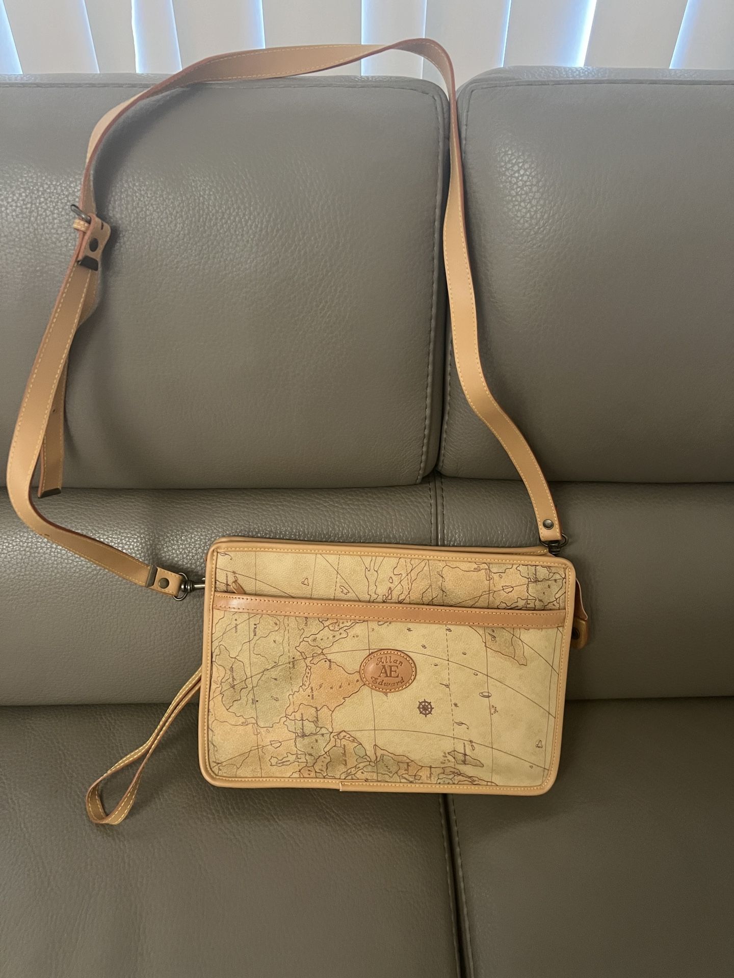 Allan Edward Tan Leather Map Print Convertible Clutch Crossbody Bag medium