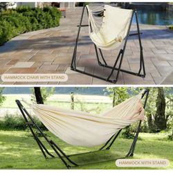 2 in 1 Hammock and Swing Chair with Stand, 550 lbs Capacity，Beige  