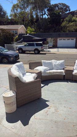 Large Curved Outdoor Wicker Patio Sectional + Chair – $300