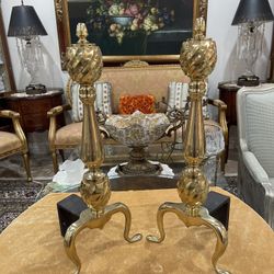 Pair of Beautiful Vintage Solid Brass & Cast Iron Andirons Fireplace Accessories🌷