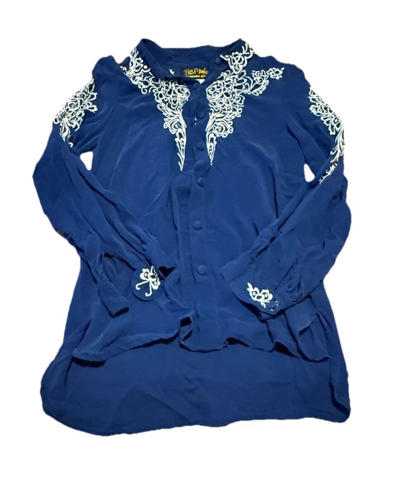 Bob Mackie Women Small Silk Blue Blouse Button Up Long Sleeve White Embroidery