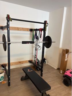 Titan fitness x3 folding rack with bench/bumper plates and Olympic barbell