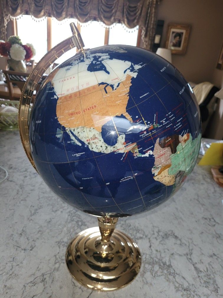 VINTAGE Lapis Stone Gem Art World Globe Brass Inlaid Gemstone