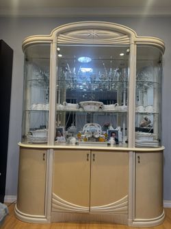 China Cabinet, Glass Cabinet, Beige Wooden China Cabinet