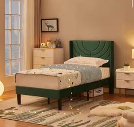 Upholstered Bed Green Metal Frame Twin Platform Bed with Headboard Wood Slat Support