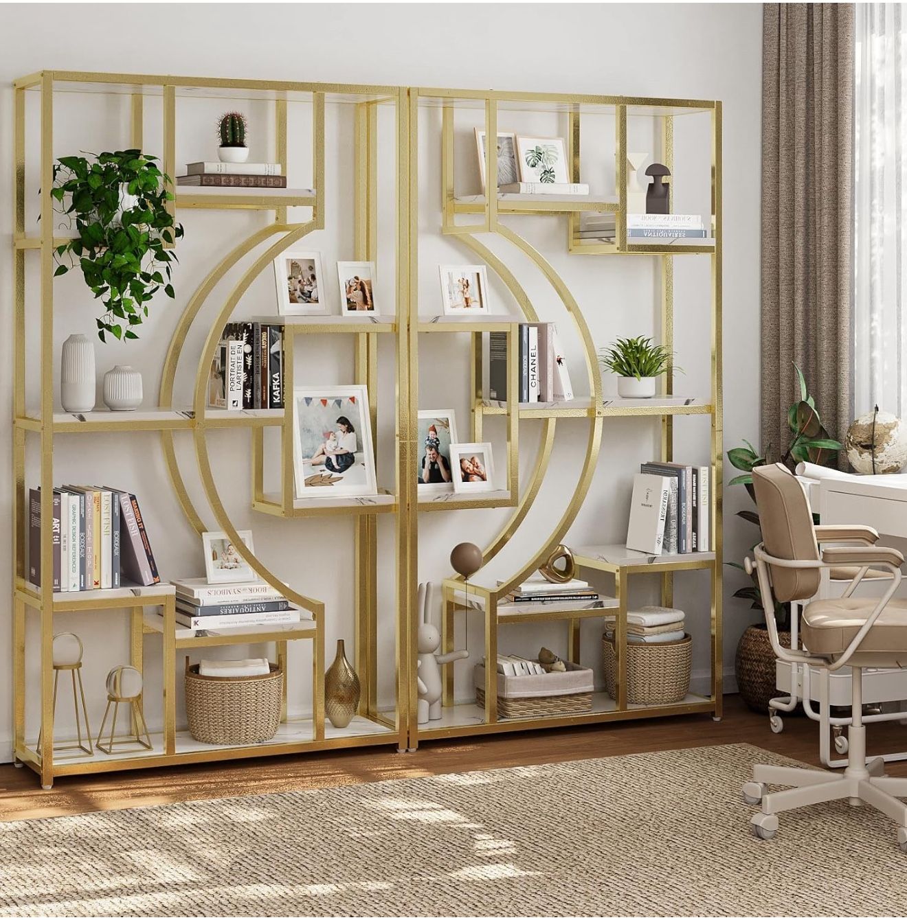 Modern Book Shelf, White and Gold Bookshelf, 70.8 Inch Tall Etagere Bookcase, Set of 2 Geometric Display Shelves for Living Room, Bookcases/Bookshelf