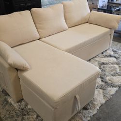 Beige Pull Out Sleeper Sectional With Hidden Storage 