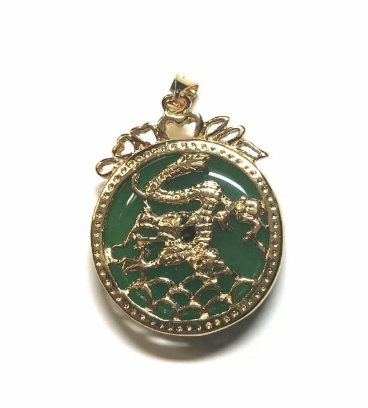 Gold Plated Jade Jadeite Dragon Pendant  