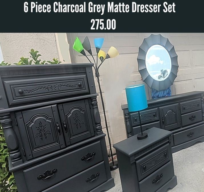 6 Piece Charcoal Grey Matte Bedroom Dresser Set