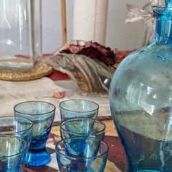 mid century Italy glass cordial set blue